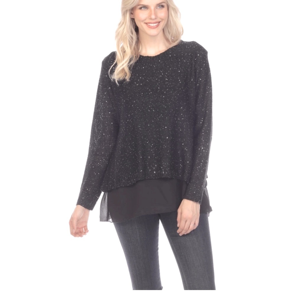JACYLN SMITH Black Sparkly Metallic  Sequin Pleated Sheer Hem Sweater L NWOT